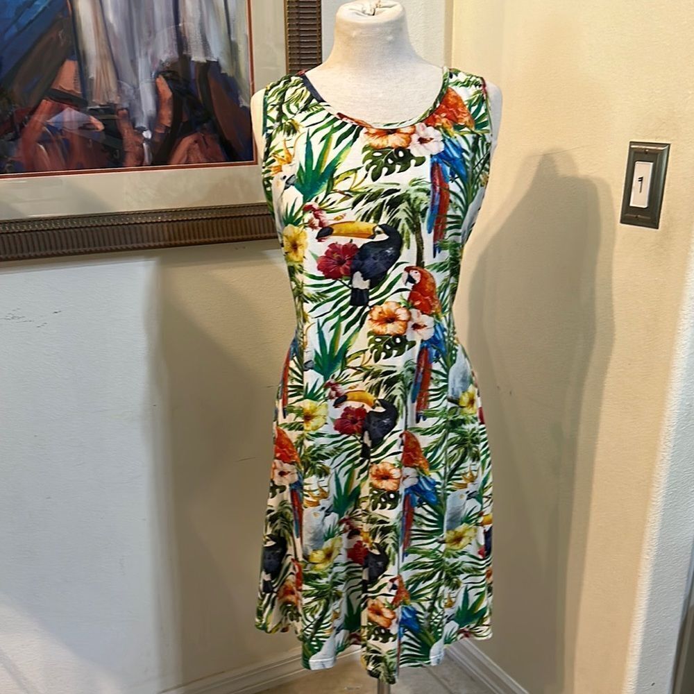 Parsley & Sage Tropical Bird’s Sleeveless Dress w/ Pockets Size Large